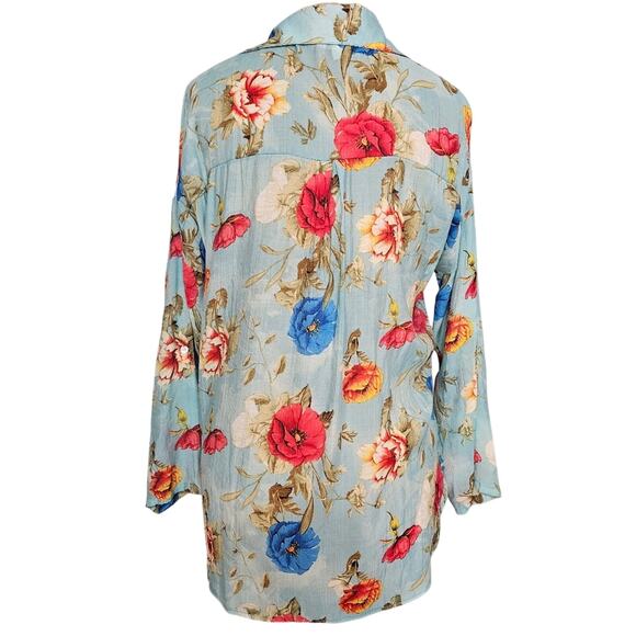 Umgee Tunic Floral Blue Red Long Sleeve Button Down Shirt Cotton Medium Boho - Picture 2 of 15